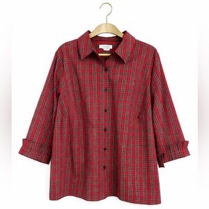 Foxcroft Red Green Tartan Plaid Non-Iron Button Down Shirt Ruffle Wide Cuff 18W
